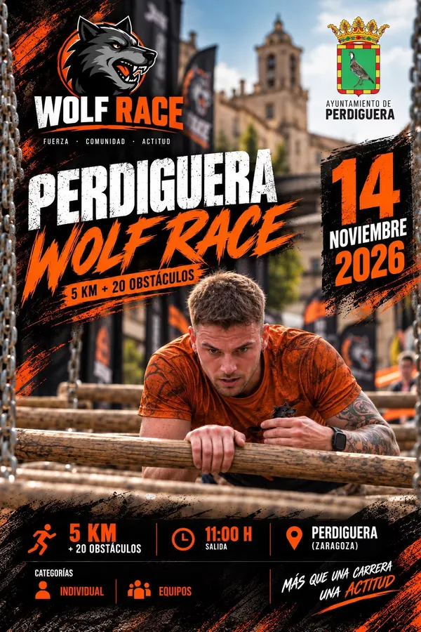 Cartel oficial Wolf Race Perdiguera, 14 de noviembre de 2026, 5 km y 20 obstáculos, salida 11:00